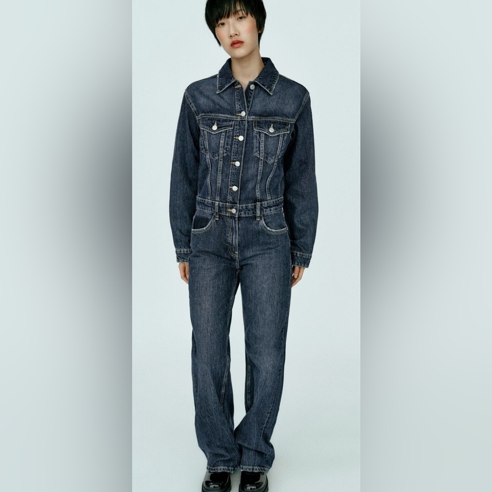 ZARA Denim Jumpsuit Boilersuit full length Dark Blue  size extra small